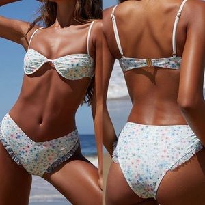 REVOLVE White Floral Pastel Ruffle Bikini Set
